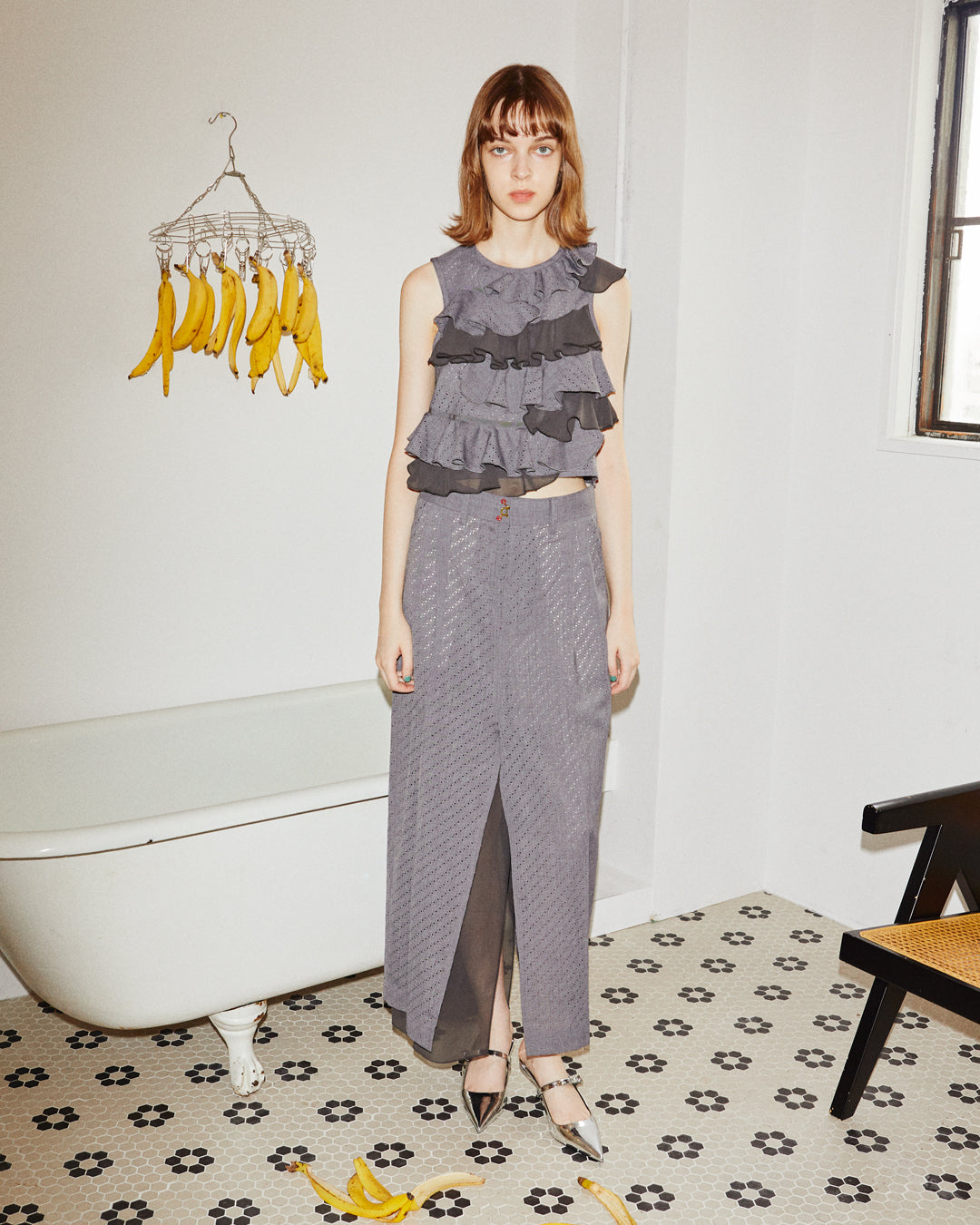 punching mesh slacks skirt /gray