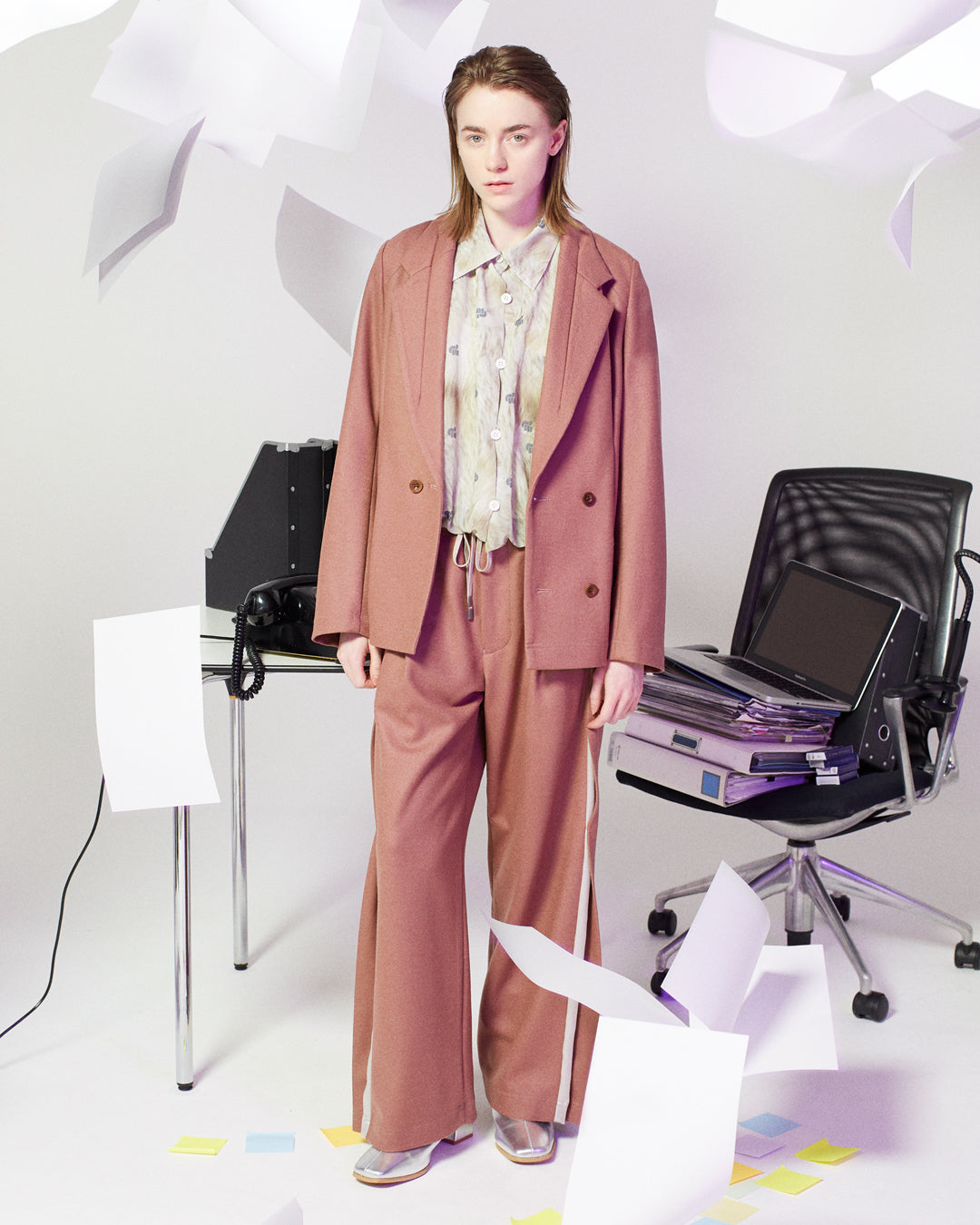 【set up item】side pleats relax wool pants / dusty pink