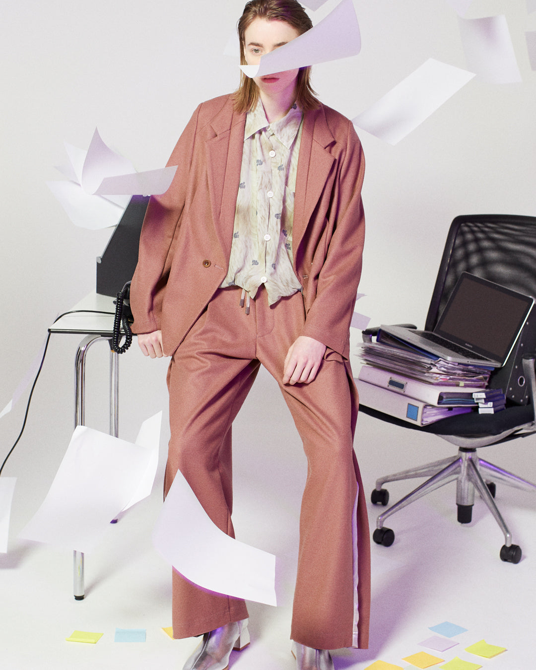 【set up item】side pleats relax wool pants / dusty pink