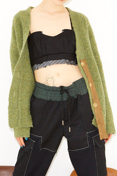 mix boucle slit cardigan / green