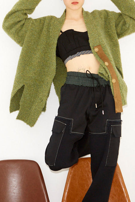 mix boucle slit cardigan / green
