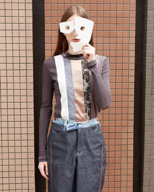 mixed material slim top / brown