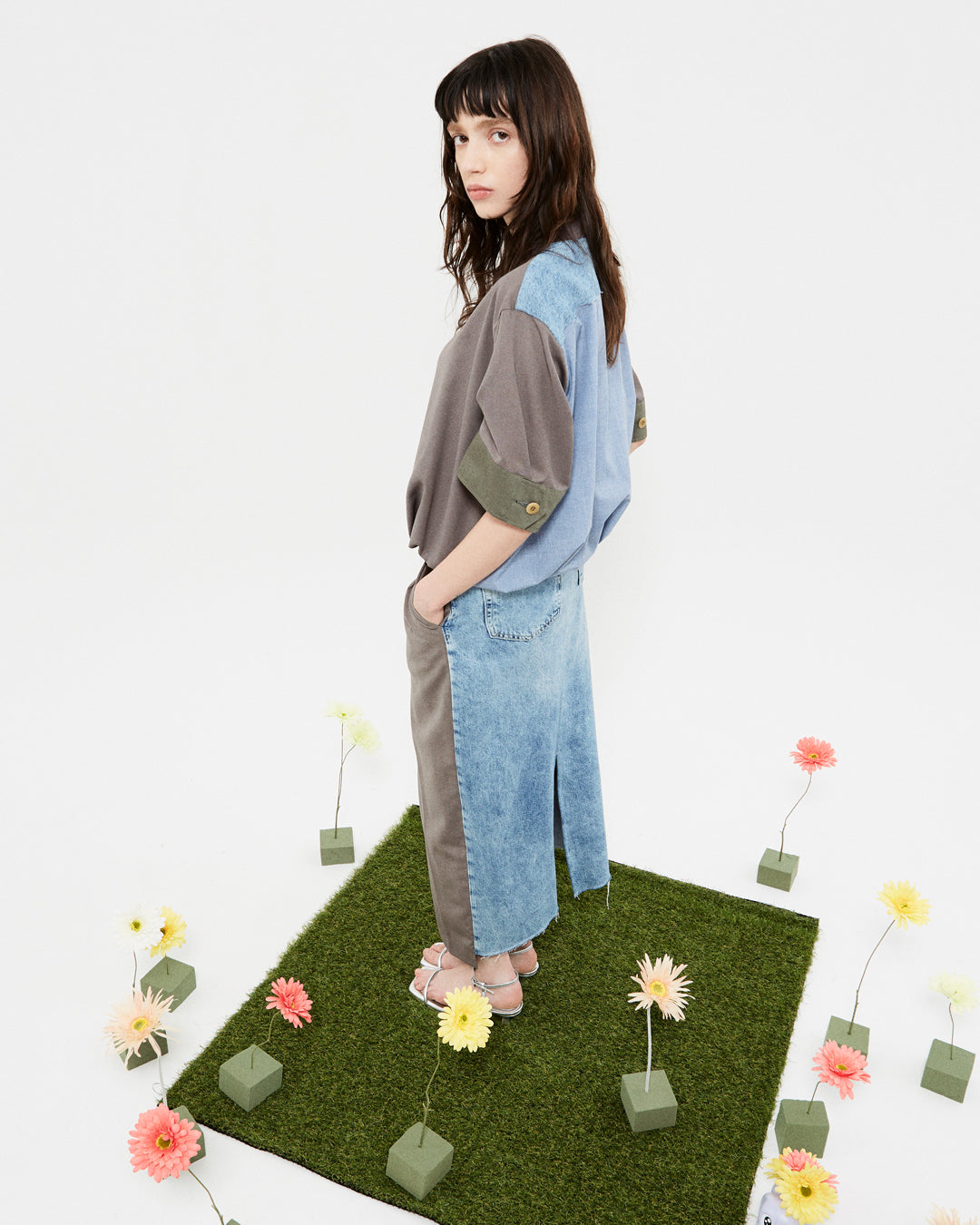【set up item】half denim suits tops / gray