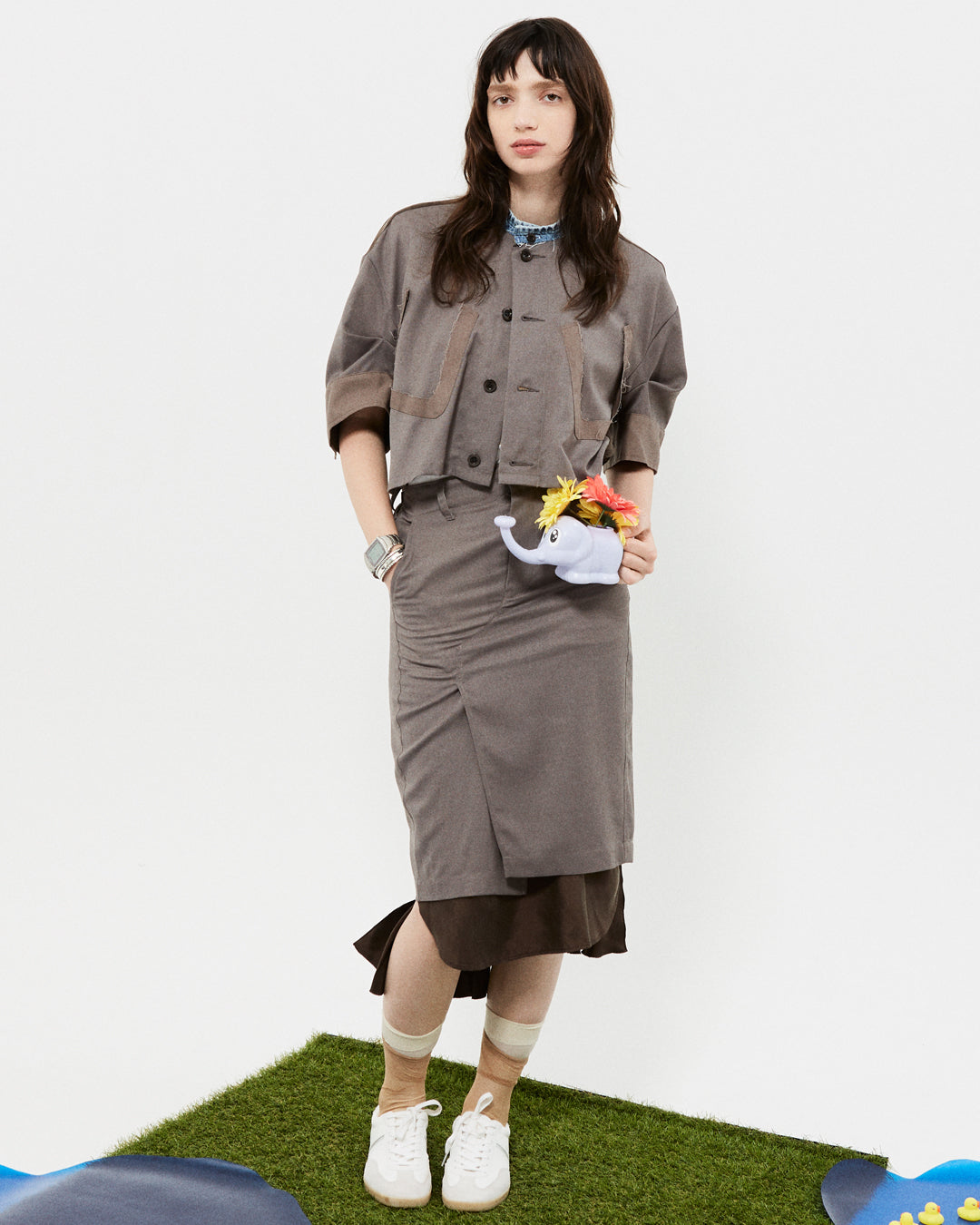 【completed style】 mesh wool denim docking dress  / gray