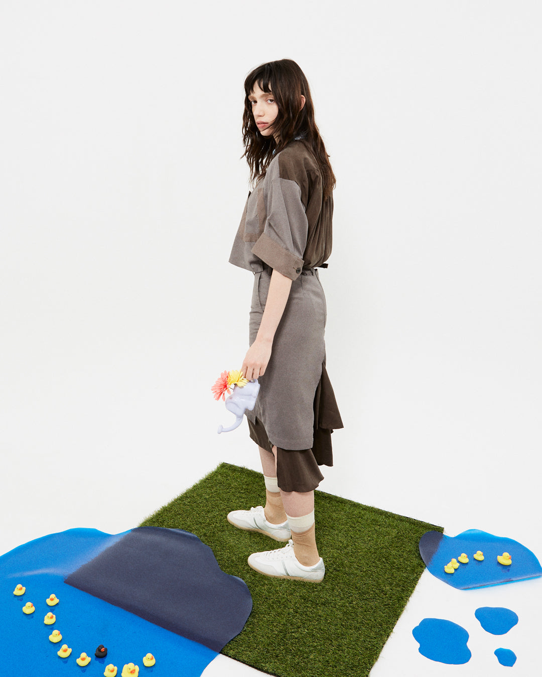 【completed style】 mesh wool denim docking dress  / gray