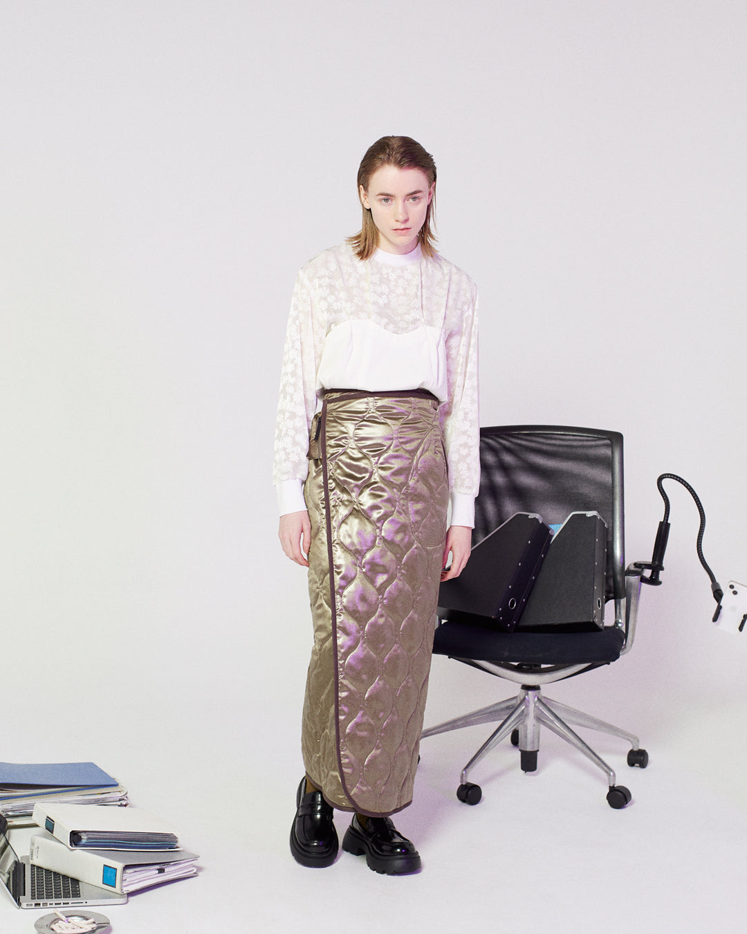 satin quilting wrap skirt  / khaki