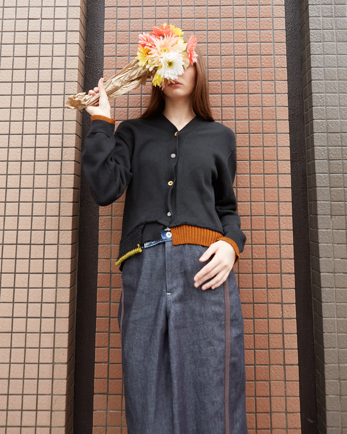 mixed hem cotton cardigan / black