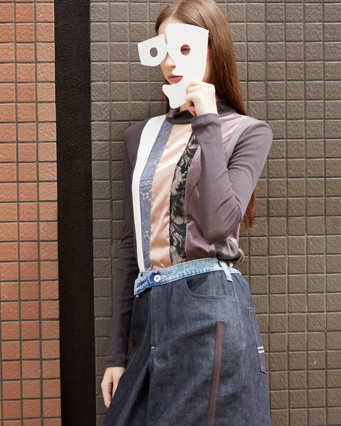 mixed material slim top / brown