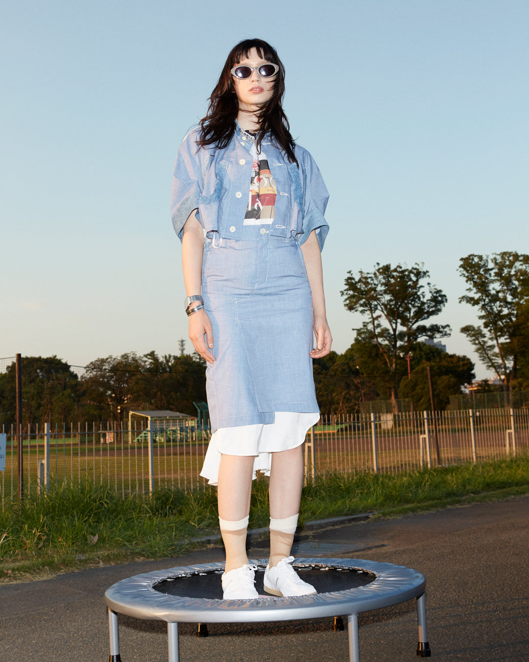 【completed style】 denim printed docking dress  / blue