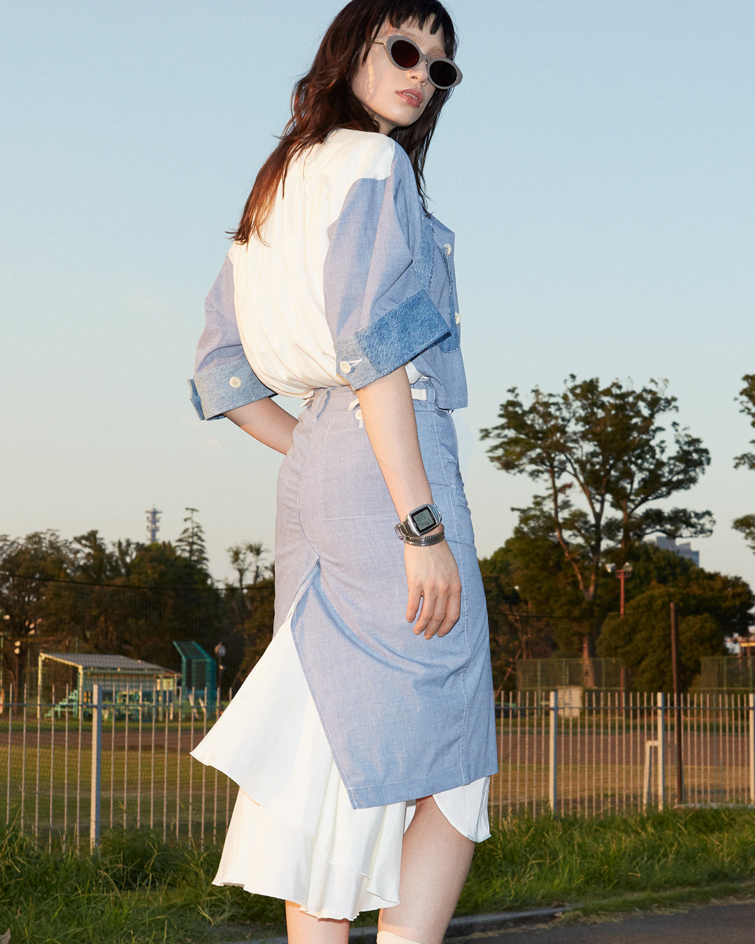 【completed style】 denim printed docking dress  / blue