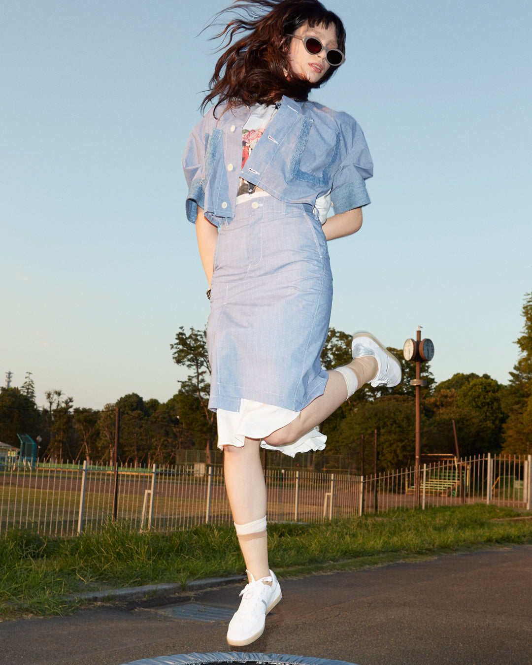 【completed style】 denim printed docking dress  / blue