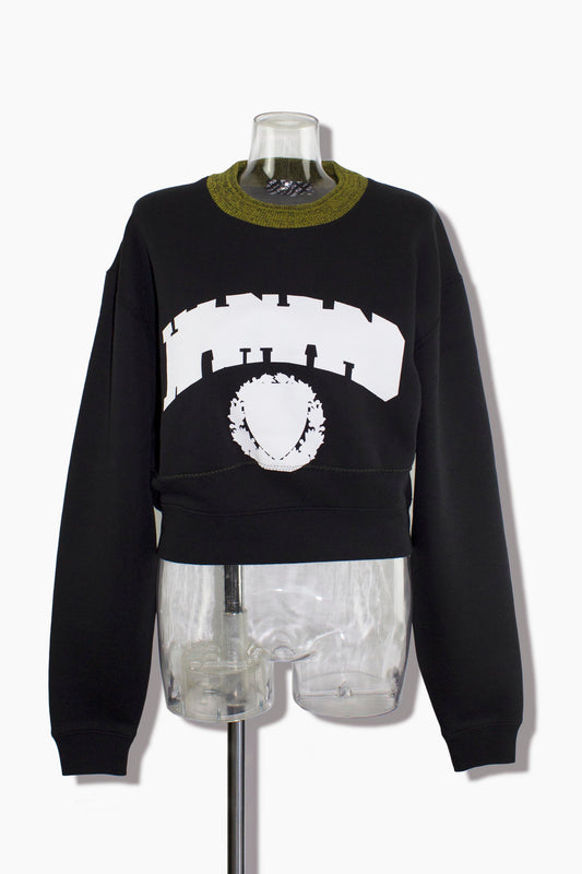 college print crop pullover / black