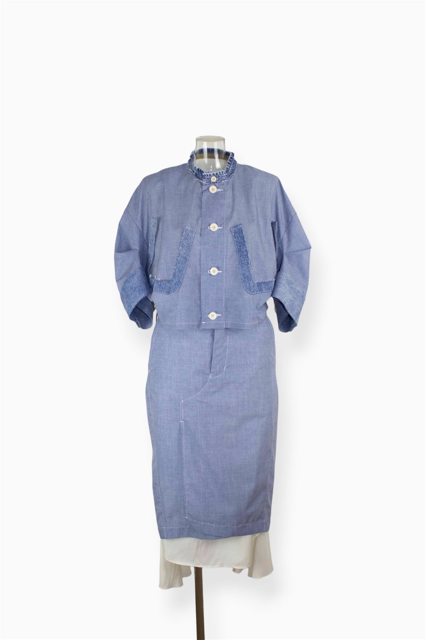 【completed style】 denim printed docking dress  / blue