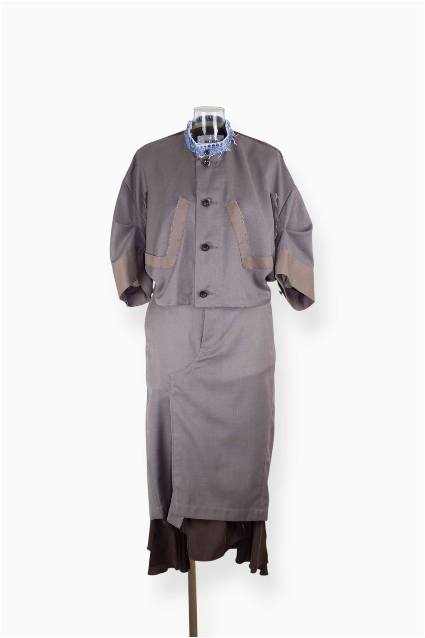 【completed style】 mesh wool denim docking dress  / gray