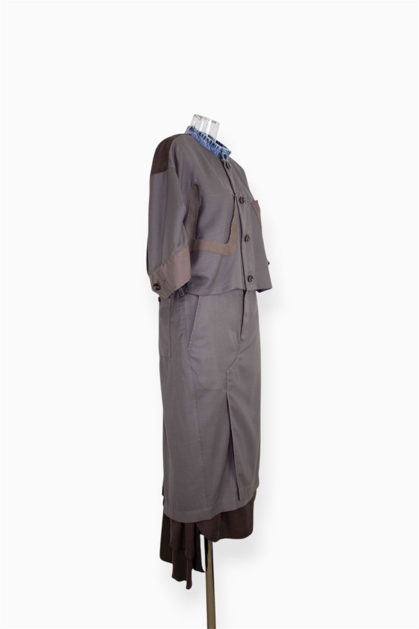 【completed style】 mesh wool denim docking dress  / gray