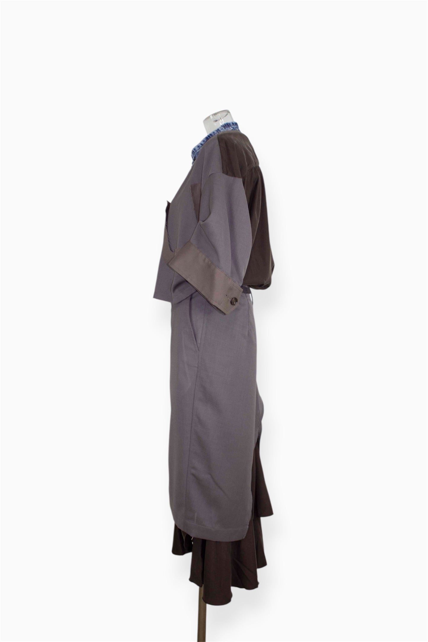 【completed style】 mesh wool denim docking dress  / gray