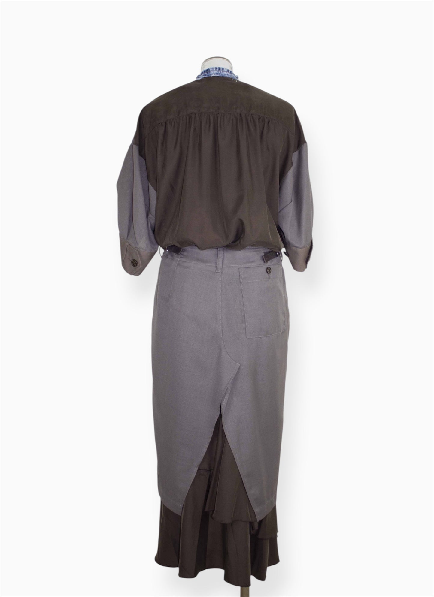 【completed style】 mesh wool denim docking dress  / gray