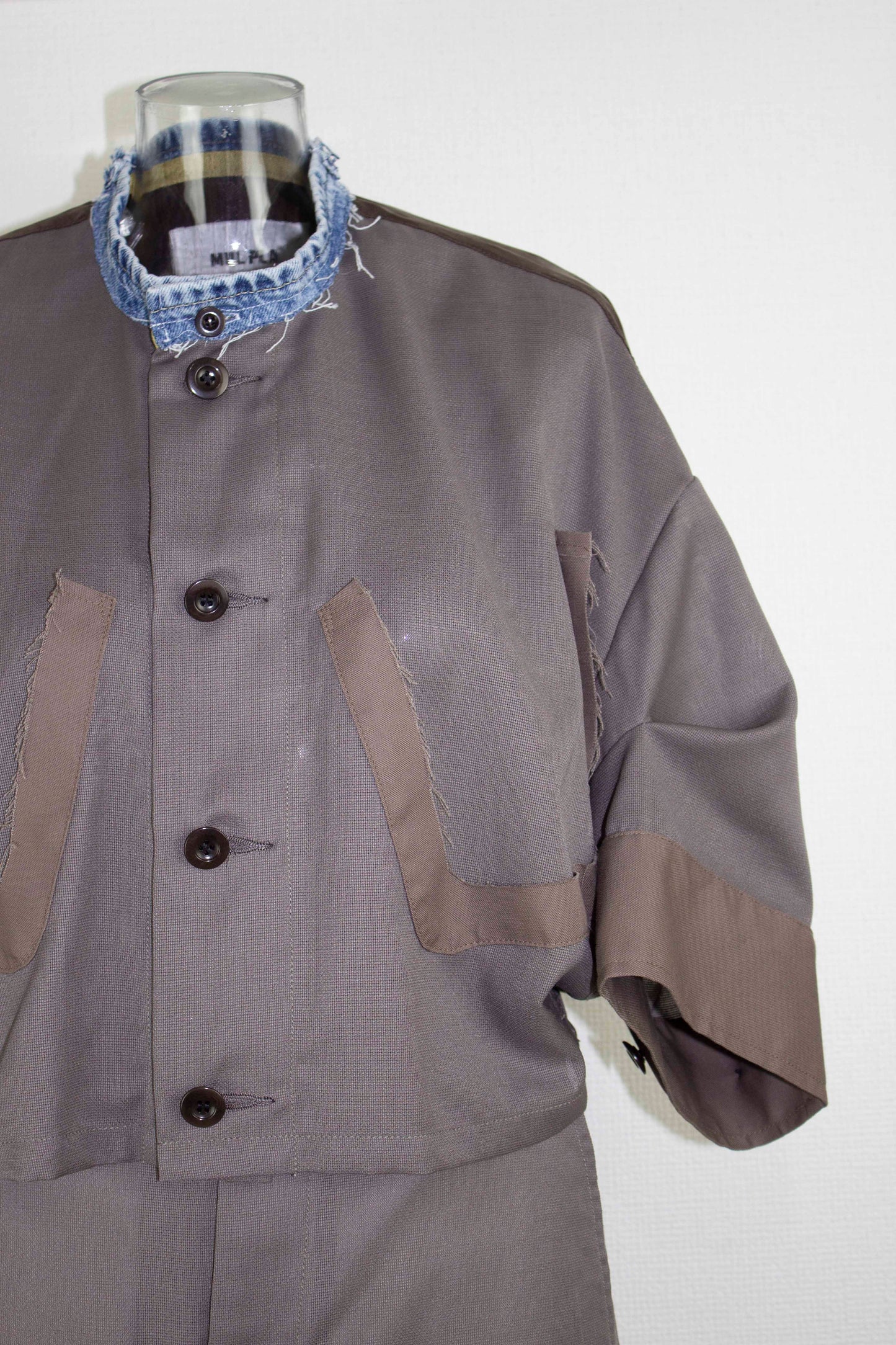 【completed style】 mesh wool denim docking dress  / gray