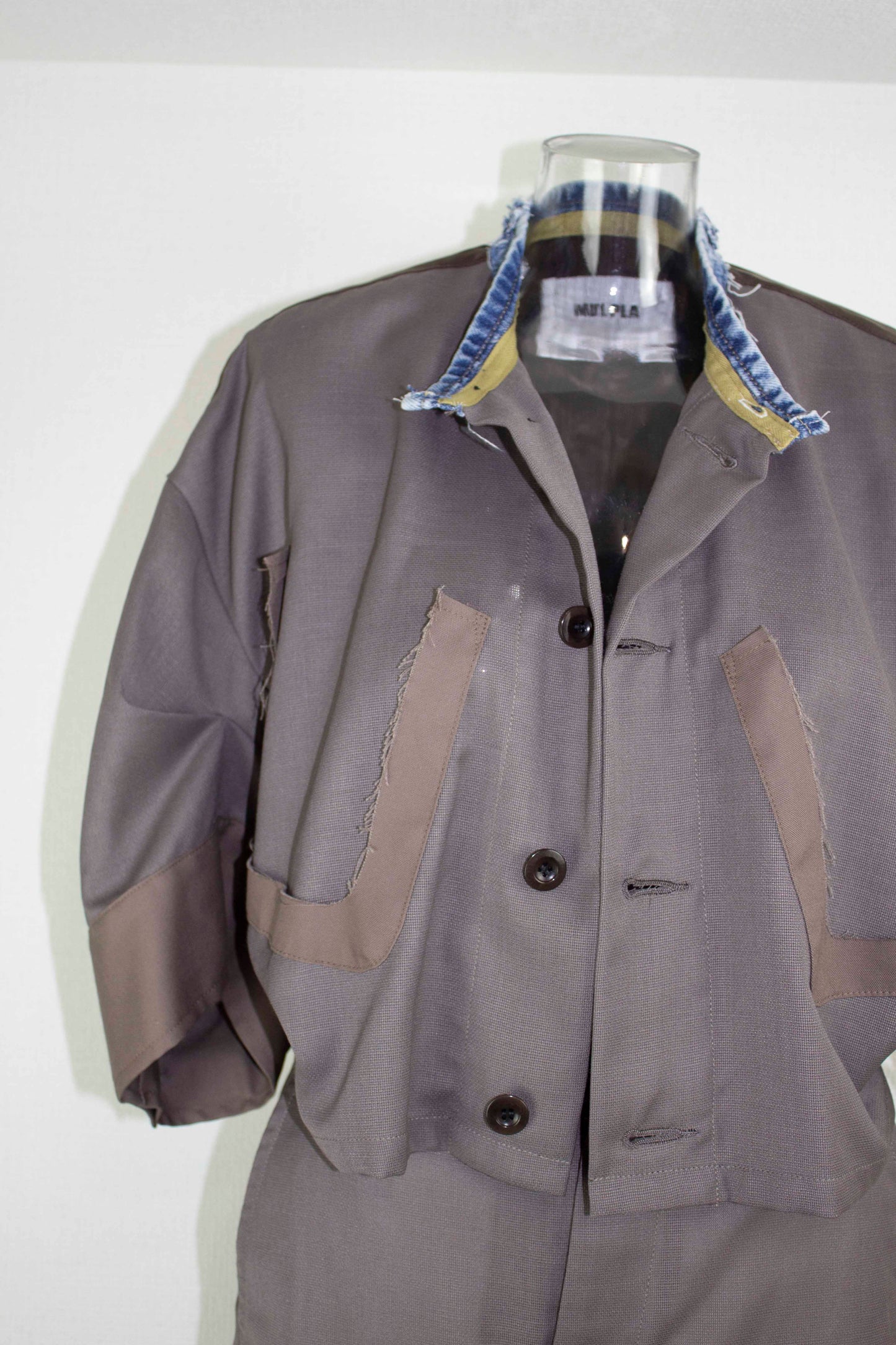 【completed style】 mesh wool denim docking dress  / gray